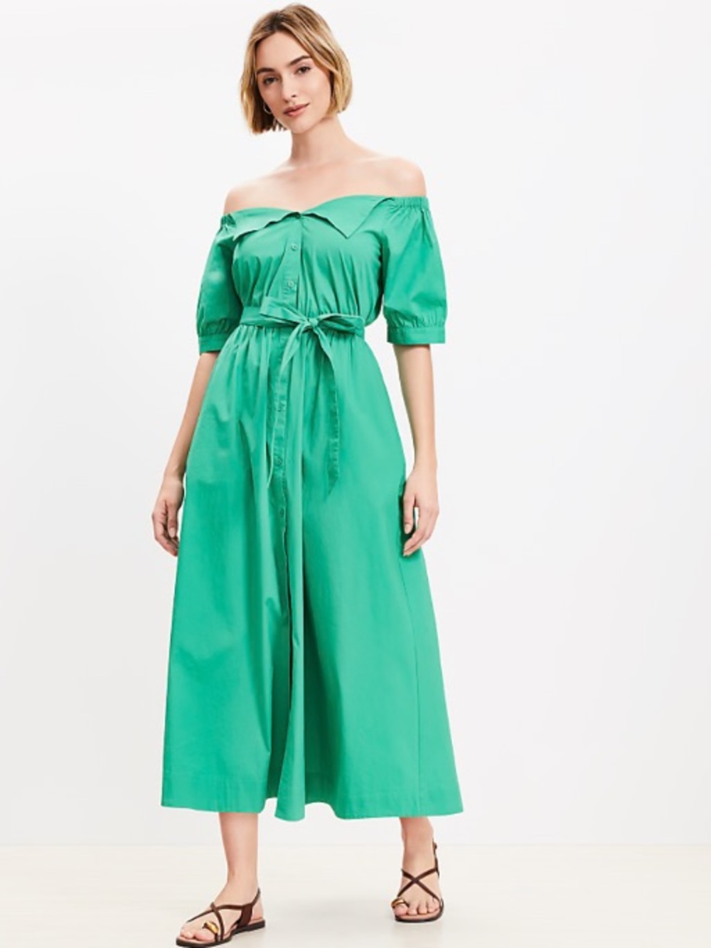 Off The Shoulder Midi Pocket Shirtdress, Jadeite, Medium
